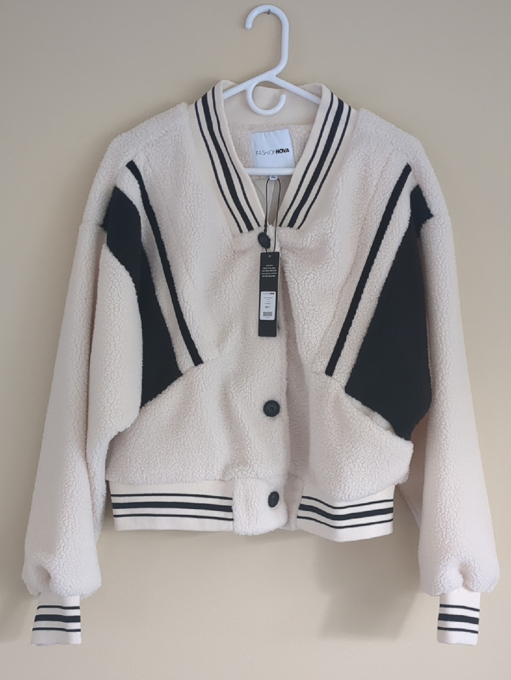 NWT Large Fashion Nova Lynette Varsity Jacket Ivory And Black Fleece Soft